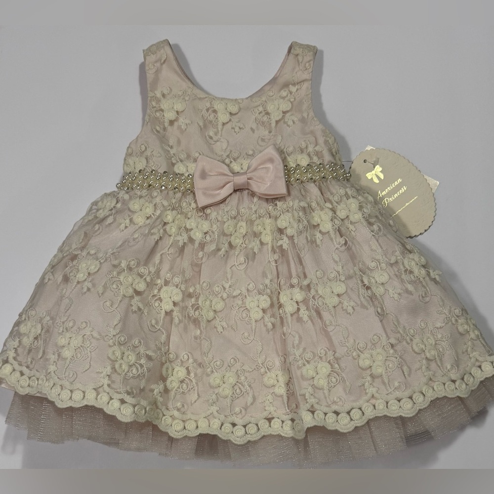 American Princess Infant Girl 12M Antique Ivory-Pastel Pink Dress W/Bow Sash NWT